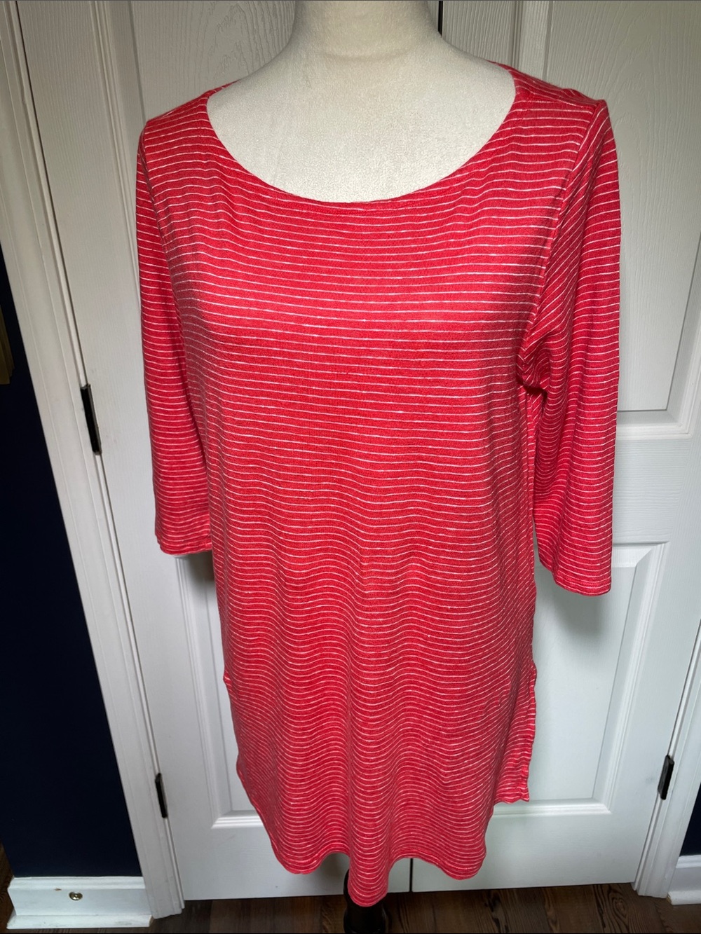 Eileen Fisher Organic Linen Red White Striped Scoop Neck Tunic 3/4 Sleeves Sz L